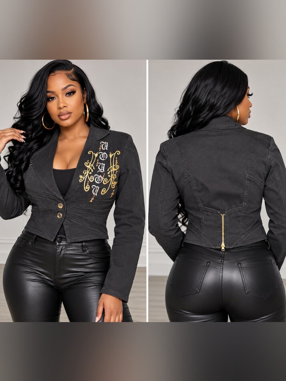 Vintage Black Cropped Blazer Jacket with Gold Embroidered Detail